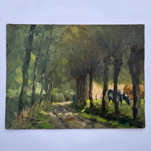 Peinture à lhuile sur panneau , paysage avec saules et vaches par Stichelmans image 1