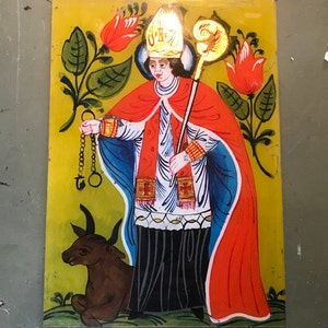 Eglomised painting, painting on glass, portrait of a Saint, Saint Luc and his ox image 1