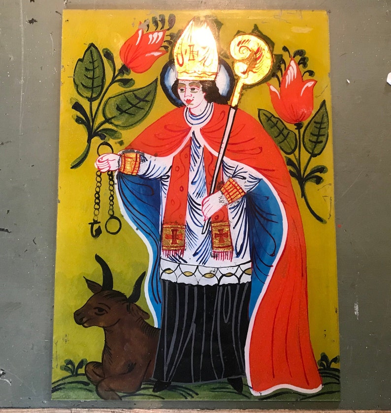 Eglomised painting, painting on glass, portrait of a Saint, Saint Luc and his ox image 1