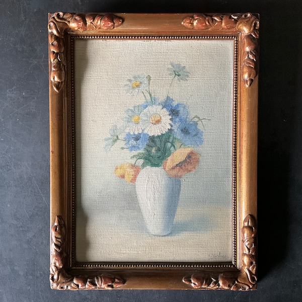 Peinture à l’huile sur panneau, bouquet de fleurs dans un vase, K.Verhas
