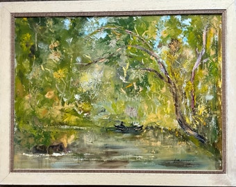 Oil painting on canvas, landscape with trees and river signed Lernould