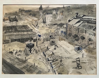 Watercolor painting from the 1940s, construction site