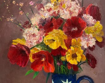 Oil on panel, bouquet of brightly colored flowers in a blue carafe, Stobbaerts