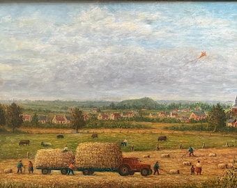 Oil painting on canvas, countryside landscape, peasants at work