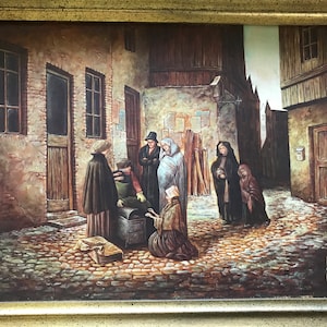 Painting on copper, street scene, poor people warming themselves by Carlier