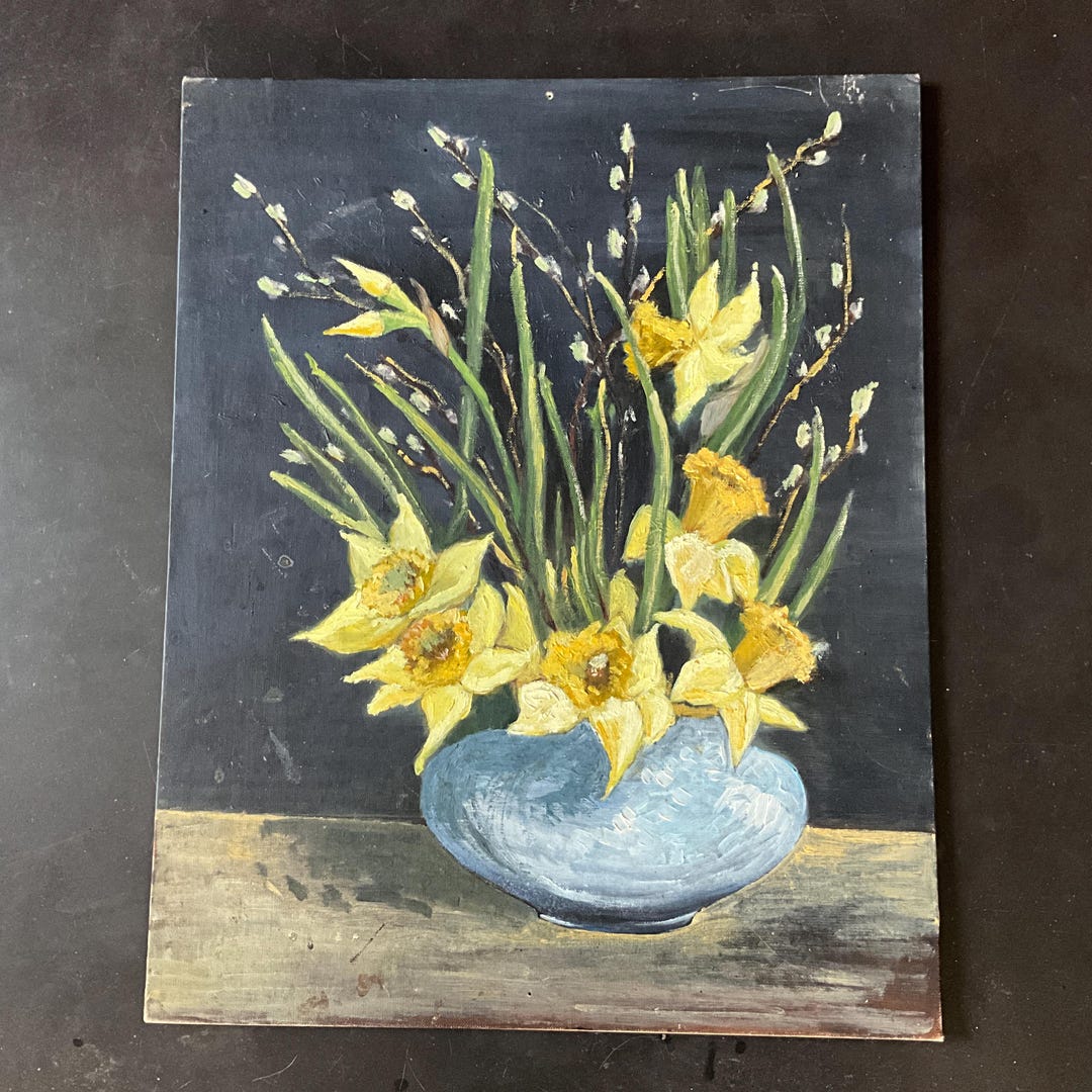 Oil Painting on Canvas Board, Bouquet of Daffodils in Blue Vase - Etsy