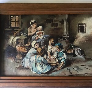 Oil painting on wooden panel, meals of a poor family