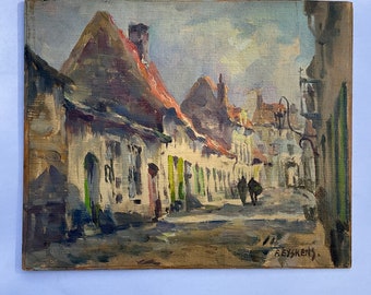 Oil painting on a canvas placed in a cardboard , Old city of Antwerp in Belgium by Félix Eyskens Belgium