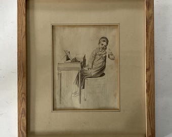 Drawing and ink of a little girl sitting at her desk, 18th century.