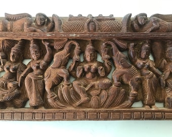 Indian hand carved wooden low relief