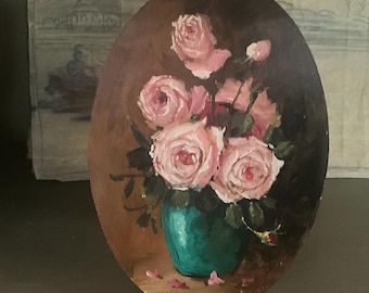 Oil painting on a single-layered panel. Bouquet of roses