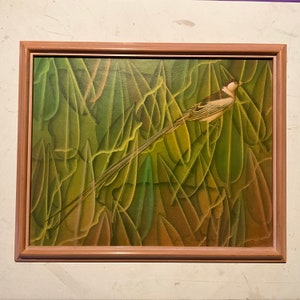 Pintura acrílica sobre cartón, follaje y pájaro de Adolfo Alvarez Barthe