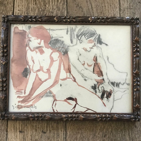 Aquarelle et fusain sur papier , couple nu, Pieter Engels