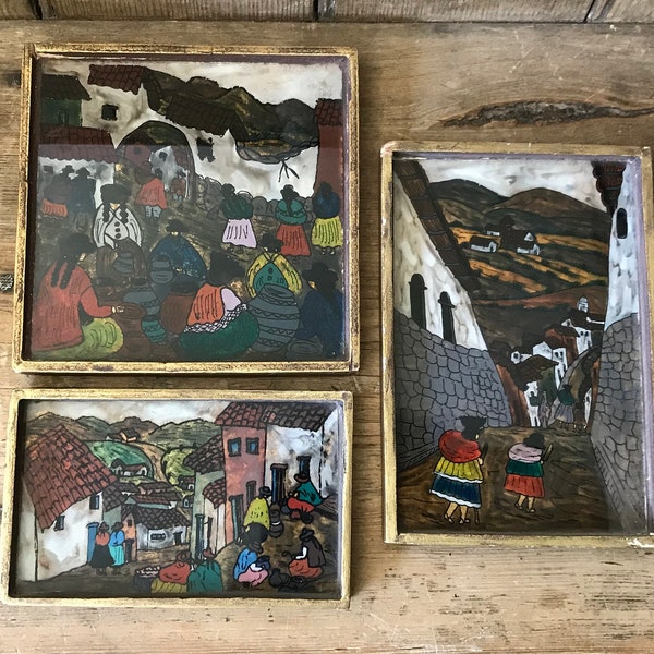 Ensemble de 3 peintures sur verre , scène de la vie de village, Amérique du Sud