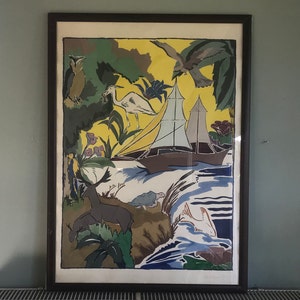 Gouache en cartón, proyecto de cartel, cartel de viaje, barco y animales