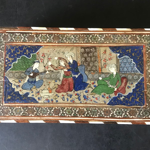 Boîte indienne peinte à la main, boîte en bois, inclusions d’os