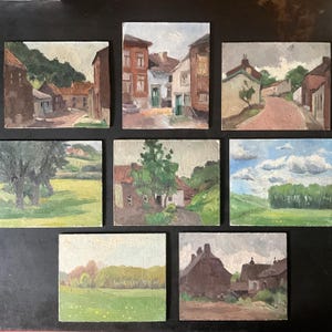 Peinture à l’huile sur carton, ensemble de 8 petites œuvres, fond d’atelier , localisé à Aiseau-Presles