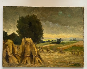 Oil painting on a canvas placed in a panel, landscape with haystacks, Stichelmans