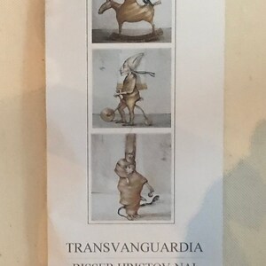 May include: A white poster featuring three black and white illustrations of figures. The poster has the text "Transvanguardia" and "BISSER HRISTOV-NAI" printed on it.
