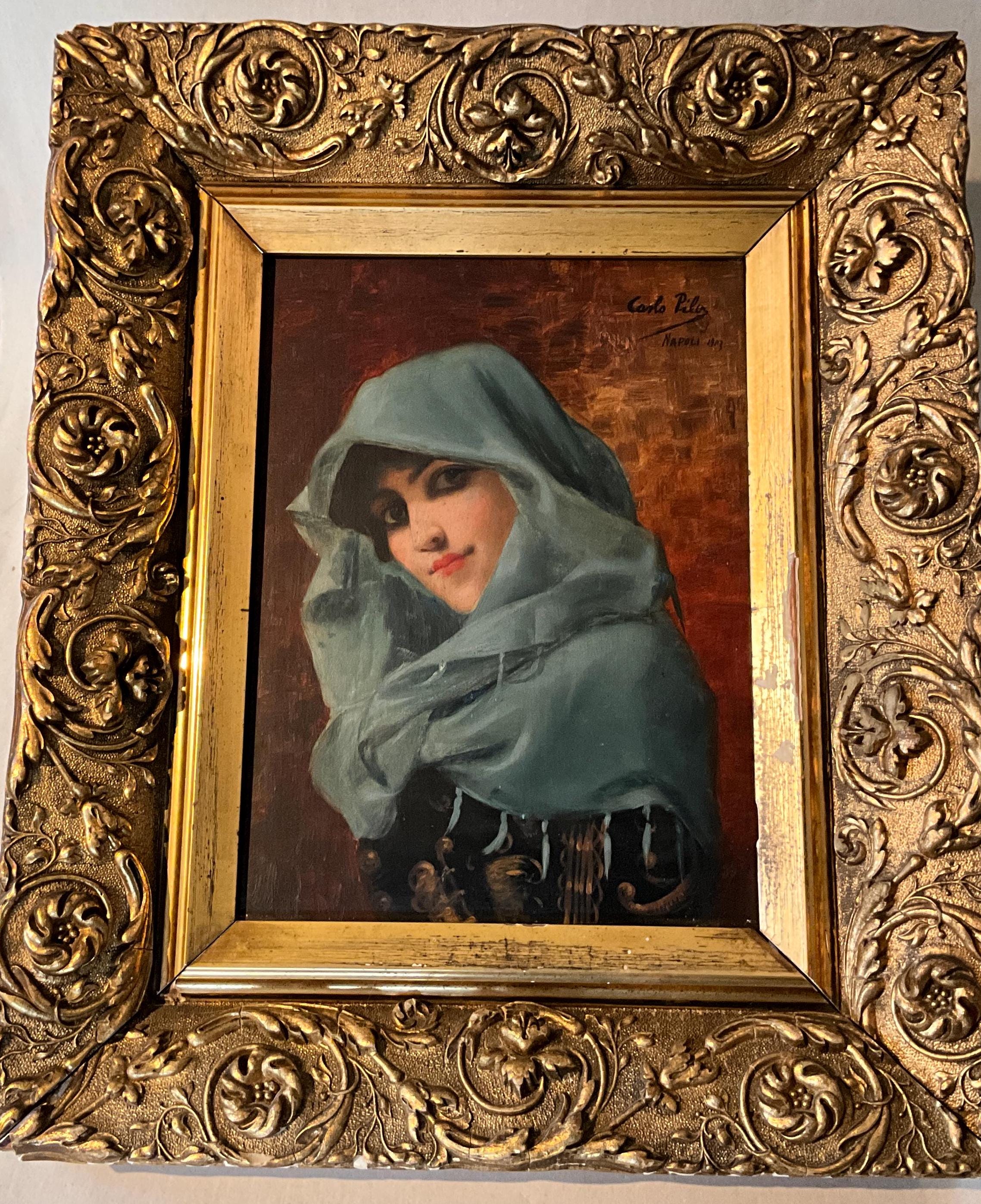 Oil Painting on Wood Panel, Portrait of a Young Girl With Blue