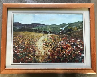 Watercolor on paper, flowery fields with houses and mountains