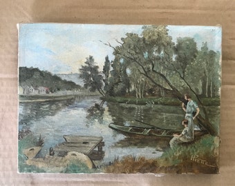 Peinture à l’huile sur toile, paysage avec rivière et barque.