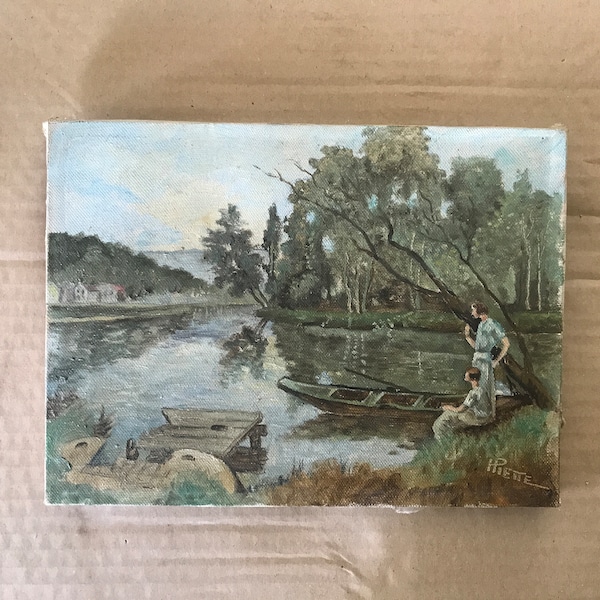 Peinture à l’huile sur toile, paysage avec rivière et barque.