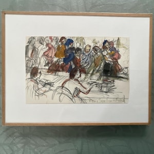 May include: A framed black and white drawing of a group of people in a crowded setting. The drawing is done in a loose, gestural style and features a variety of figures, including children and adults. The drawing is signed "Jane Jean Dan Armand" in the lower right corner.