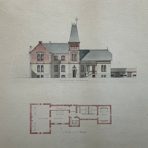 Acquerello e progetto architettonico, Ernest Hendrickx, architetto di Bruxelles, 1868