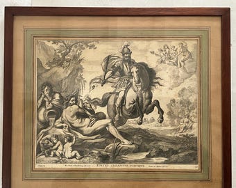 Puede incluir: Un grabado antiguo enmarcado con un marco de madera oscura. El grabado en blanco y negro representa a un hombre a caballo, una figura reclinada y otras figuras en un paisaje. La impresión está rodeada por un passe-partout verde.
