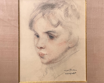 Dessin au crayon  noir et à la sanguine, visage d’enfant
