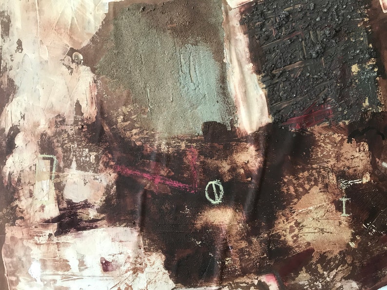 Puede incluir: Pintura abstracta con pintura marr&oacute;n, blanca y gris. La pintura tiene una superficie texturizada y parece estar hecha con m&uacute;ltiples capas de pintura.