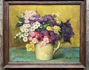 Peinture à l’huile sur panneau, bouquet de fleurs