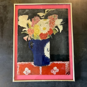 Peinture à l’huile sur carton, bouquet de fleurs dans un pot, style expressionniste.