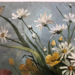 Peinture à l’huile sur carton , marguerites dans un arrosoir