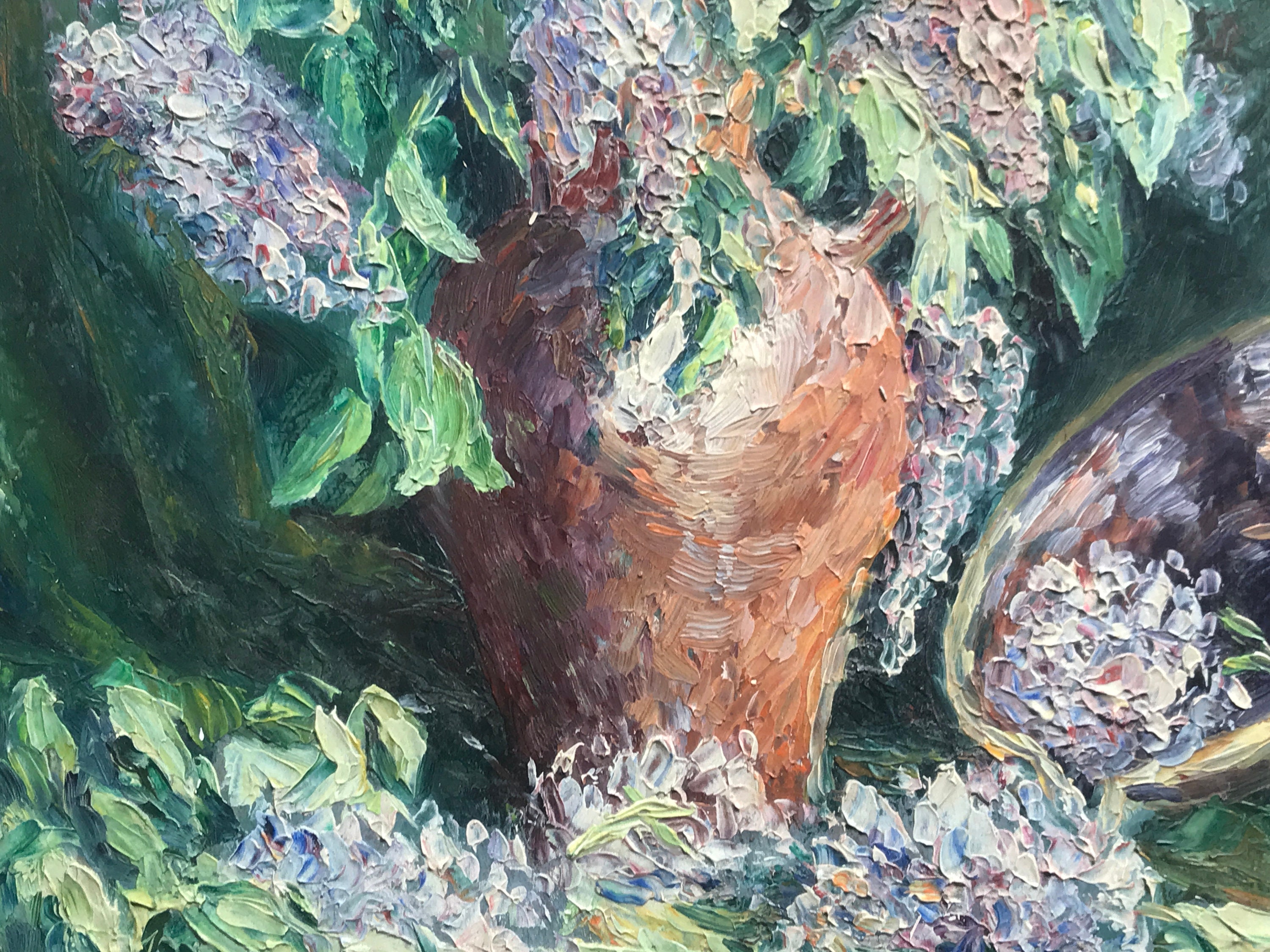 パネルに描かれた油絵、花瓶に入ったライラックの花束、アントワーヌ