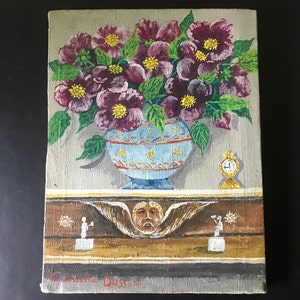 Peinture à l’huile sur toile, bouquet de fleurs naives