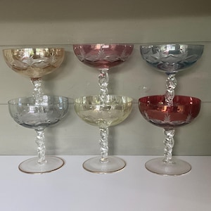 Set of 6 colored champagne glasses, probably Boho crystal