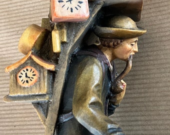 Clock Seller Statuette, Hand-carved Wood, Black Forest, Anri Clock Seller Statuette, Hand-carved Wood, Black Forest, Anri