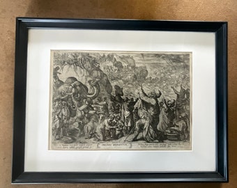 Puede incluir: Un grabado en blanco y negro que representa una escena de la Biblia. El grabado muestra a un grupo de personas huyendo de una gran masa de agua. El texto "PHARAO MERGITVR." es visible en la parte inferior del grabado.