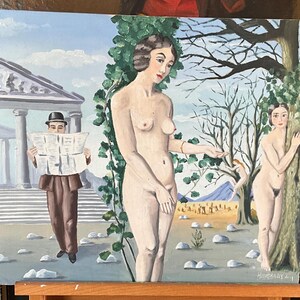 Peinture à l’huile sur carton entoilé, imitation d’un tableau de Paul Delvaux