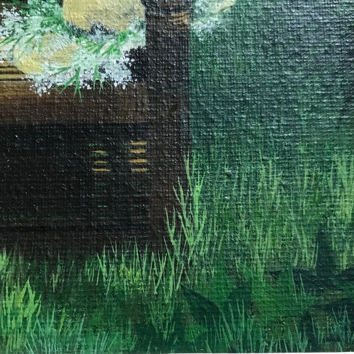 Small naïve painting on panel, circa 1980, armchair and hat shops in a garden signed Dany
