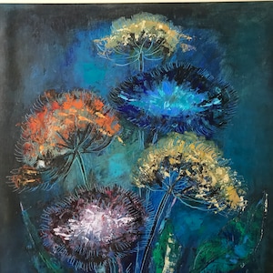 May include: Abstract painting of five stylized flowers in shades of blue, orange, yellow, and white on a dark blue background.