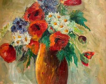 Peinture à l’huile sur panneau , bouquet coloré