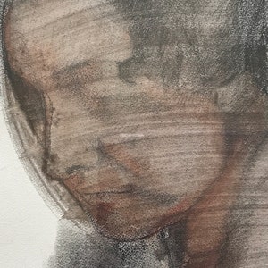 Carboncillo y acuarela sobre papel, rostro de mujer de semiperfil, Georges Van Zevenberghen imagen 4