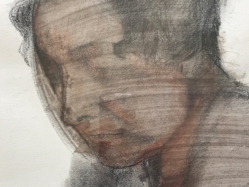 Carboncillo y acuarela sobre papel, rostro de mujer de semiperfil, Georges Van Zevenberghen imagen 4