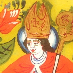 Eglomised painting, painting on glass, portrait of a Saint, Saint Luc and his ox image 2