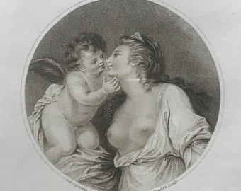 Engraving Sappho embracing love by Mannin after the painter Cipriani