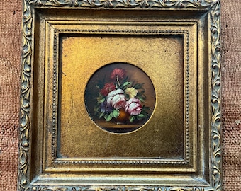 Miniature oil painting on wood panel, large gilded wood frame