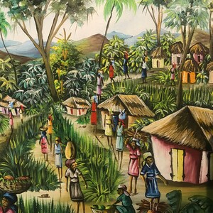 May include: A colorful painting depicting a village scene in a tropical setting. The painting features lush green foliage, thatched-roof huts, and figures of people going about their daily lives. The vibrant colors and detailed brushstrokes create a lively and inviting atmosphere.